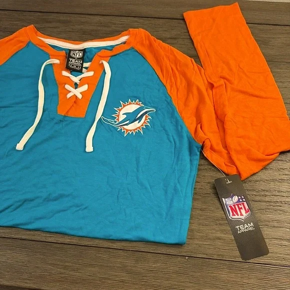 NWT [NFL] Miami Dolphins Lace-Up Long Sleeved T-Shirts, Multiple Women's Sz S-XL - Picture 2 of 10